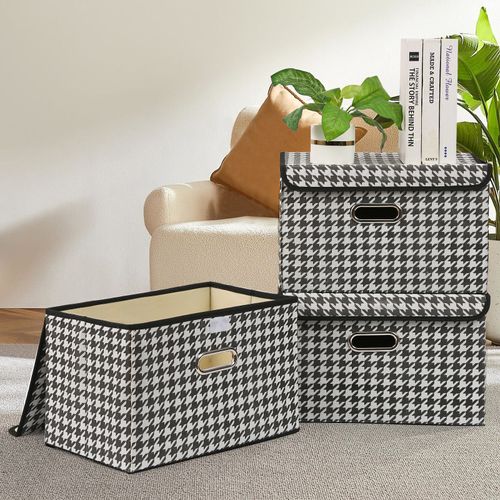 Fabric Storage Cube Bins Foldable Organizer Container Collapsible Basket with Lids and Metal Handles, for Home, Bedroom, Closet (Black, 3 Pcs)