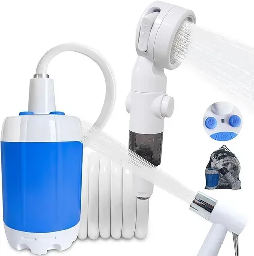 Portable Camping Shower Pump – USB Rechargeable Outdoor Shower with 2 Spray Modes, Waterproof Electric Shower Head, Pumps Water from Bucket for Camping, Hiking, Travel, Car Washing & Pet Cleaning