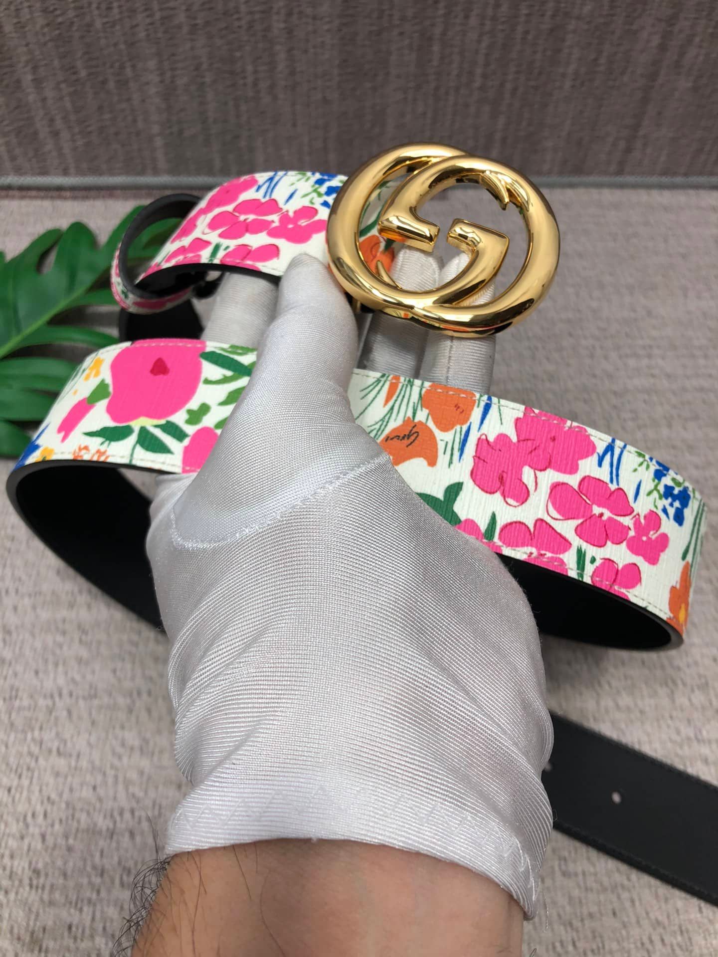 Gucci Women Ken Scott Print GG Marmont Belt Double G Buckle 3.8cm Width