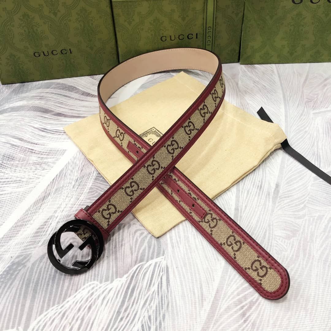 Gucci Beige Wine Red GG Canvas and Leather Lovely Heart Buckle Belt