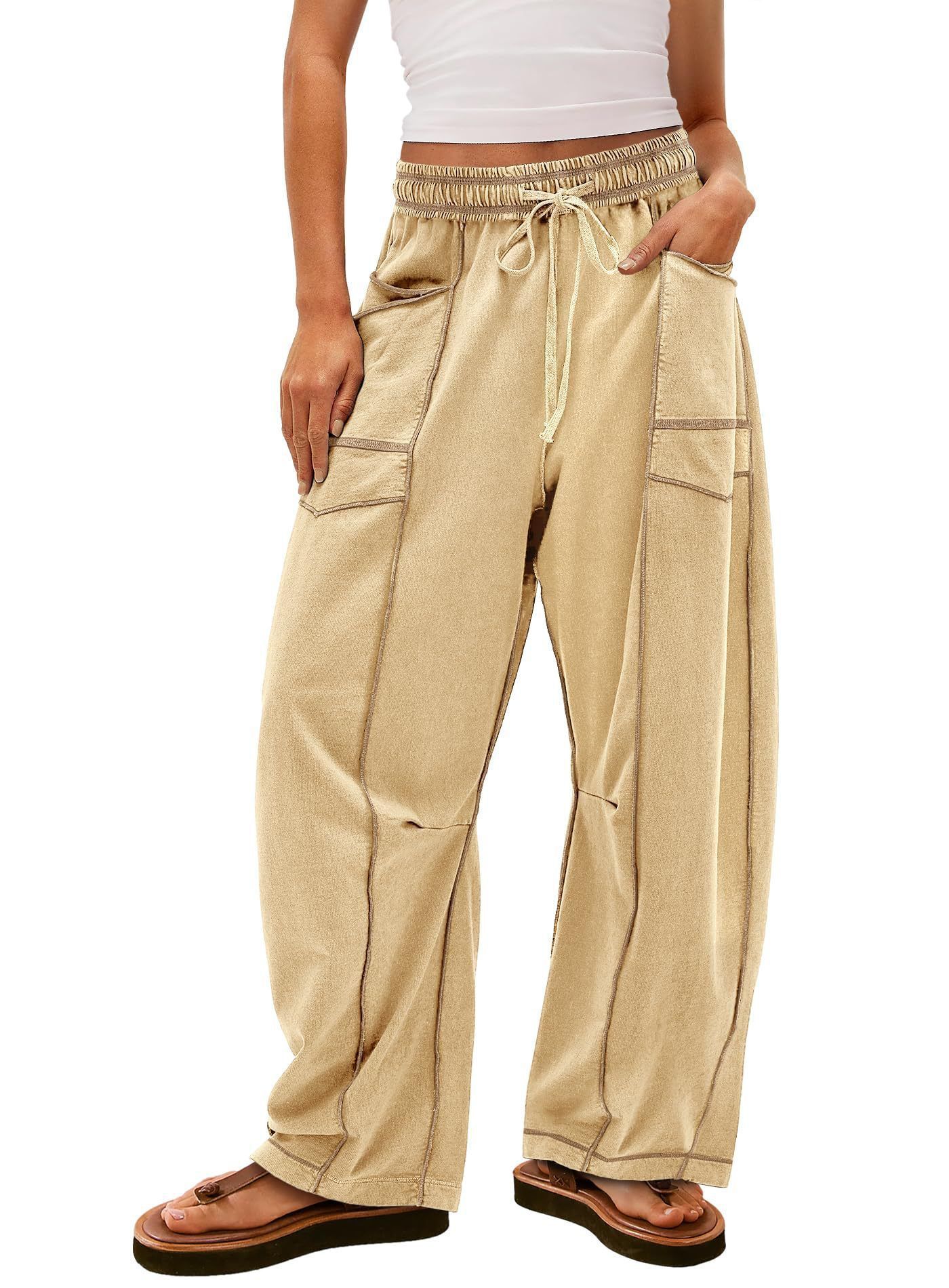 Womens Baggy Barrel Pants Wide Leg Lounge Drawstring Sweatpants with Pockets Khaki