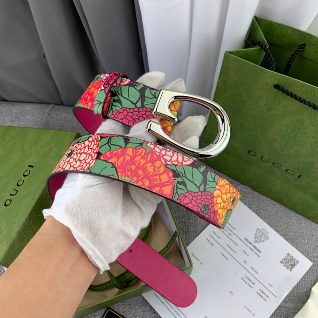 Gucci leather belt floral cowhide GG leather belt ladies all fashion flowers printed belt