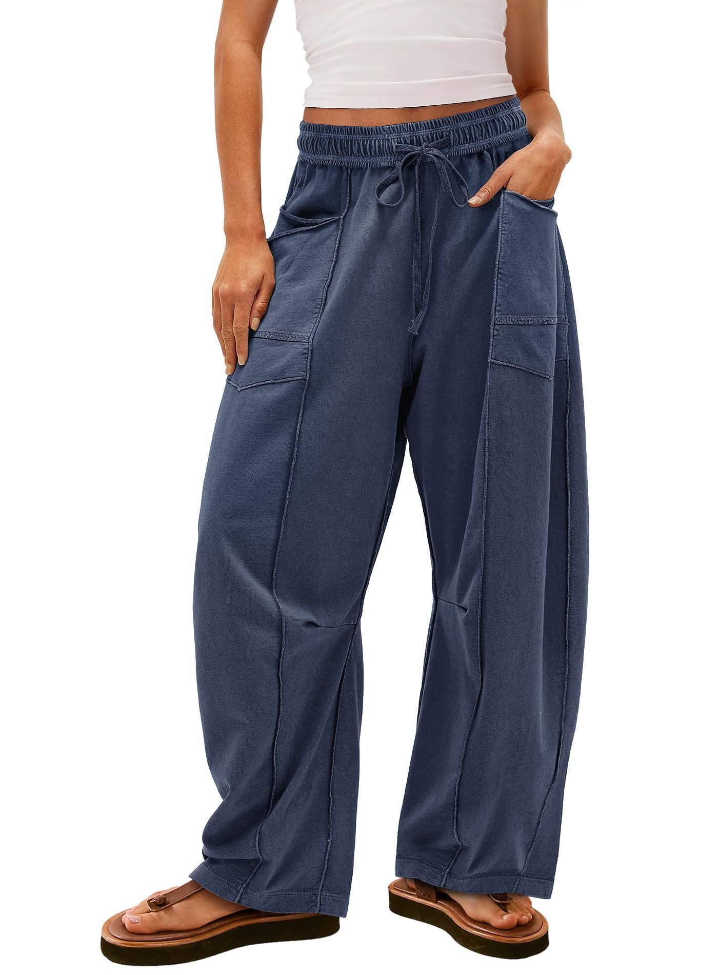 Womens Baggy Barrel Pants Wide Leg Lounge Drawstring Sweatpants with Pockets Dark Blue