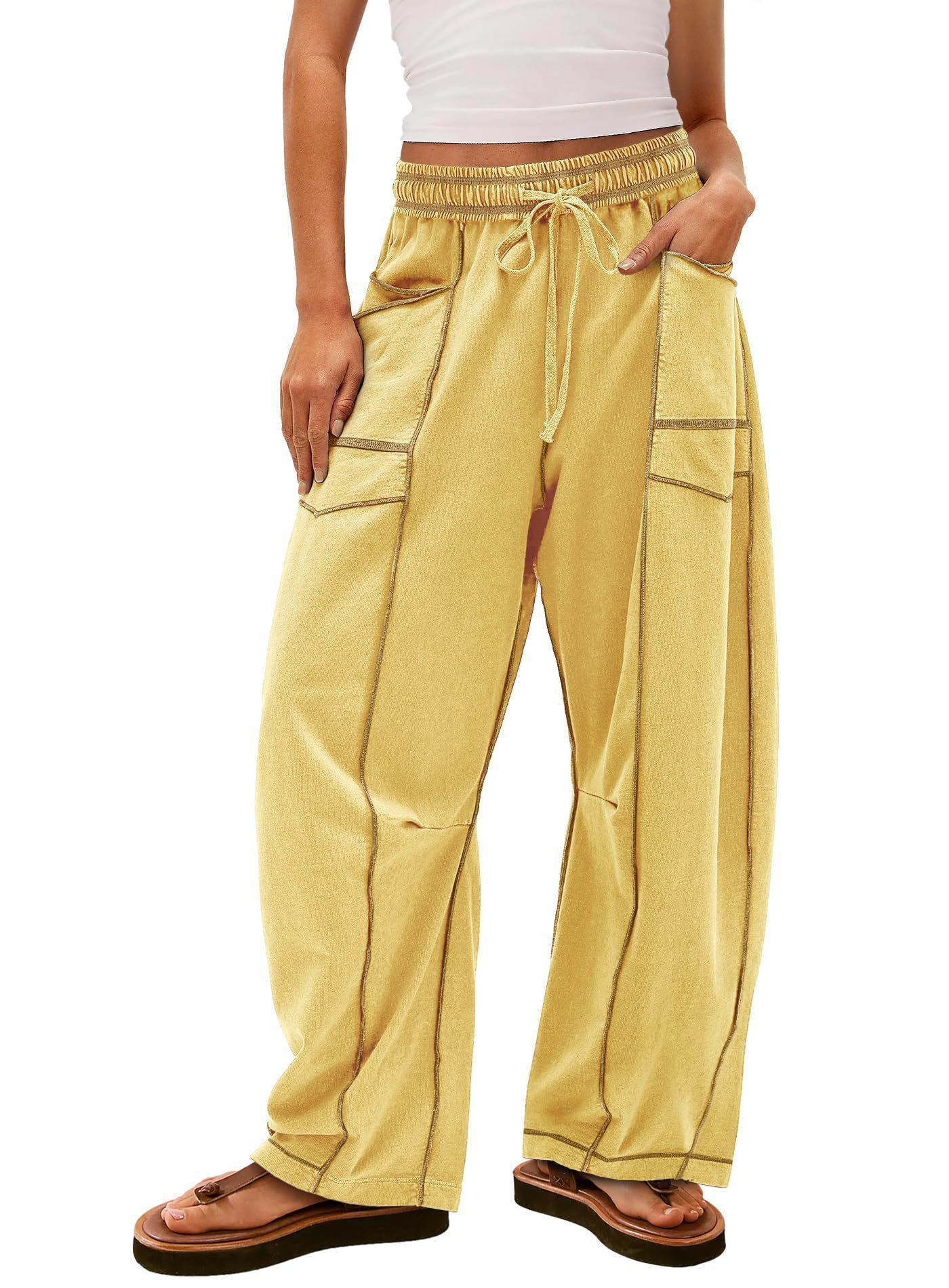 Womens Baggy Barrel Pants Wide Leg Lounge Drawstring Sweatpants with Pockets Yellow