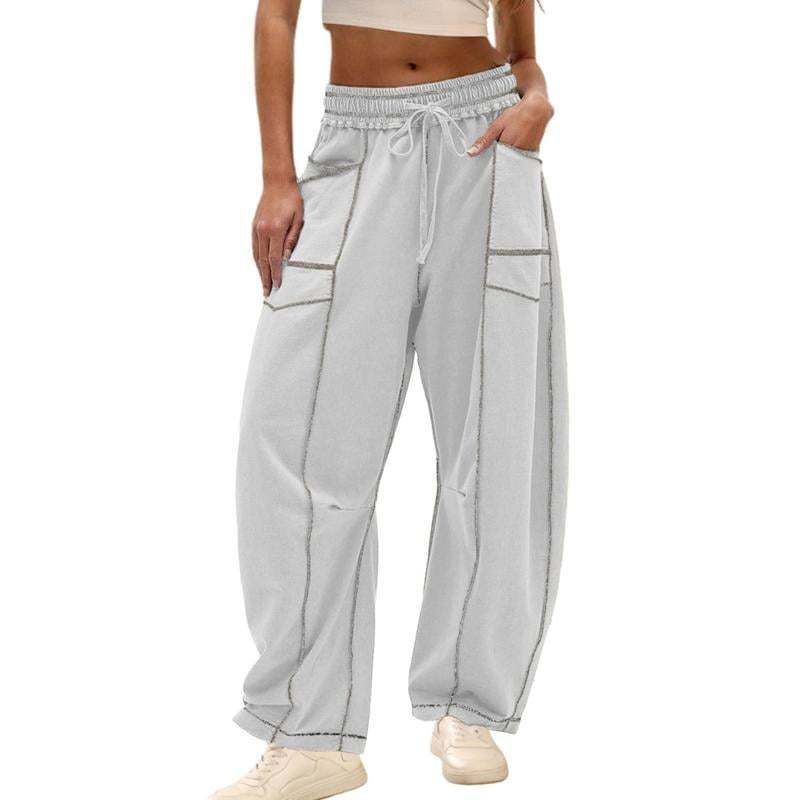 Womens Baggy Barrel Pants Wide Leg Lounge Drawstring Sweatpants with Pockets Grey