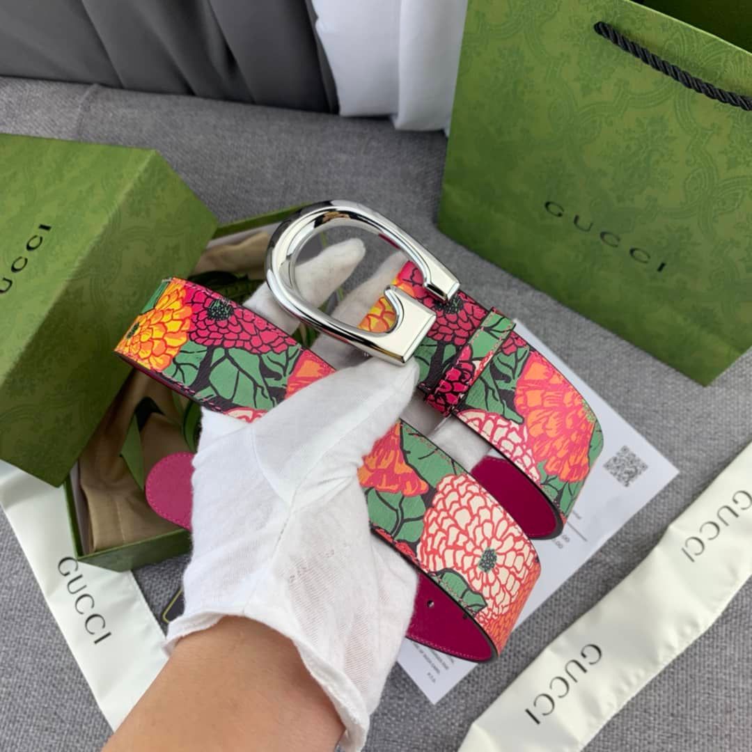 Gucci leather belt floral cowhide GG leather belt ladies all fashion flowers printed belt