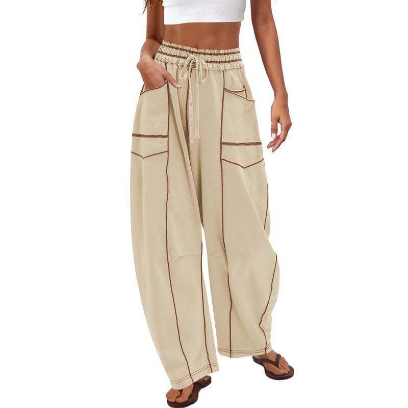 Womens Baggy Barrel Pants Wide Leg Lounge Drawstring Sweatpants with Pockets Beige