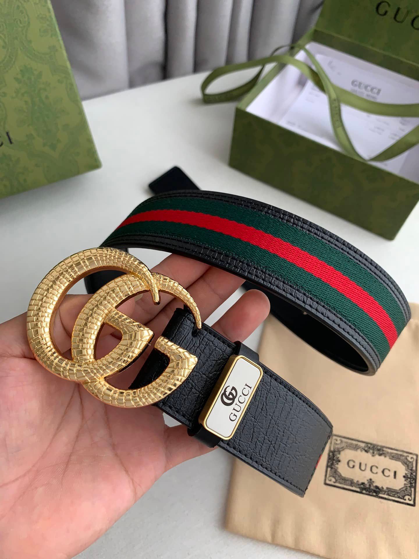 Gucci Black Web Canvas and Leather GG Marmont Buckle Belt