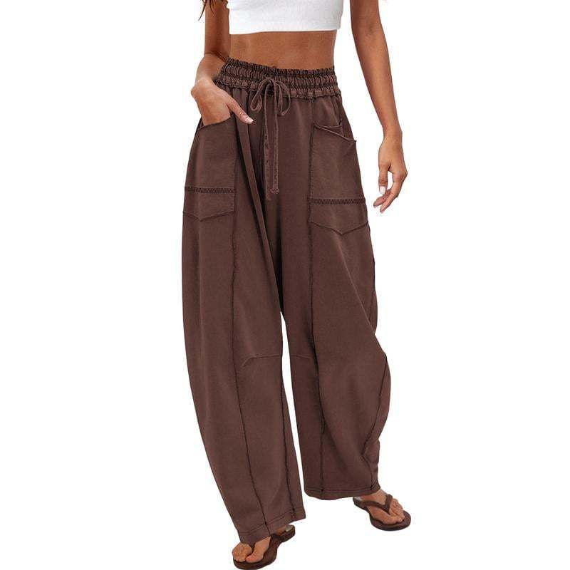 Womens Baggy Barrel Pants Wide Leg Lounge Drawstring Sweatpants with Pockets Coffee