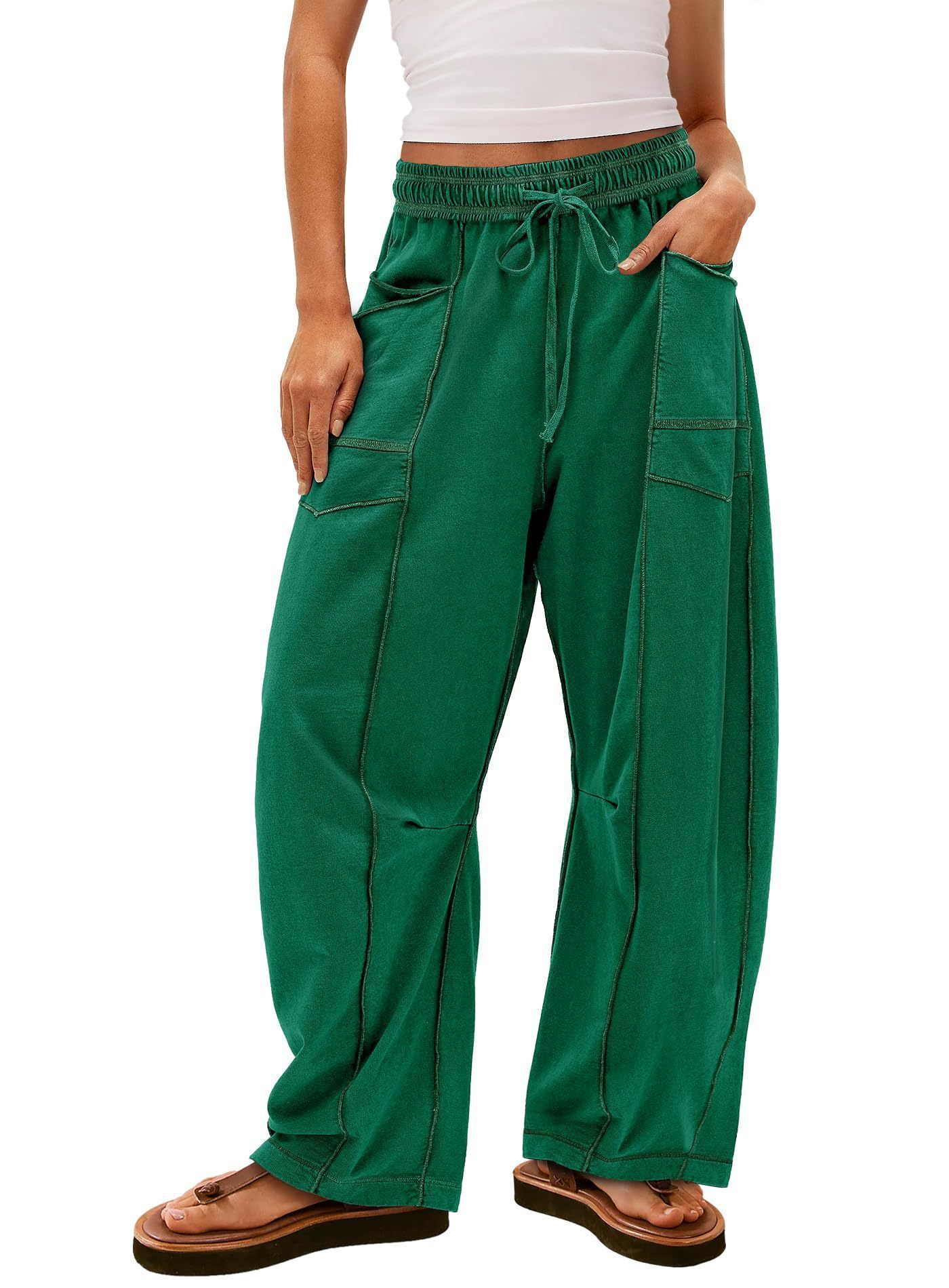 Womens Baggy Barrel Pants Wide Leg Lounge Drawstring Sweatpants with Pockets Green
