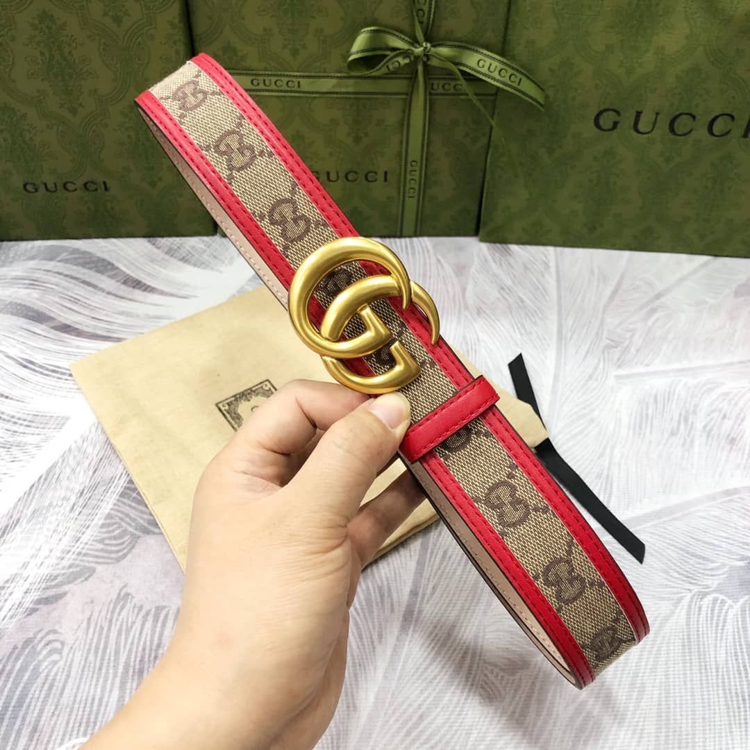 Gucci GG Buckle Jacquard Canvas Genuine Leather Edge Belt