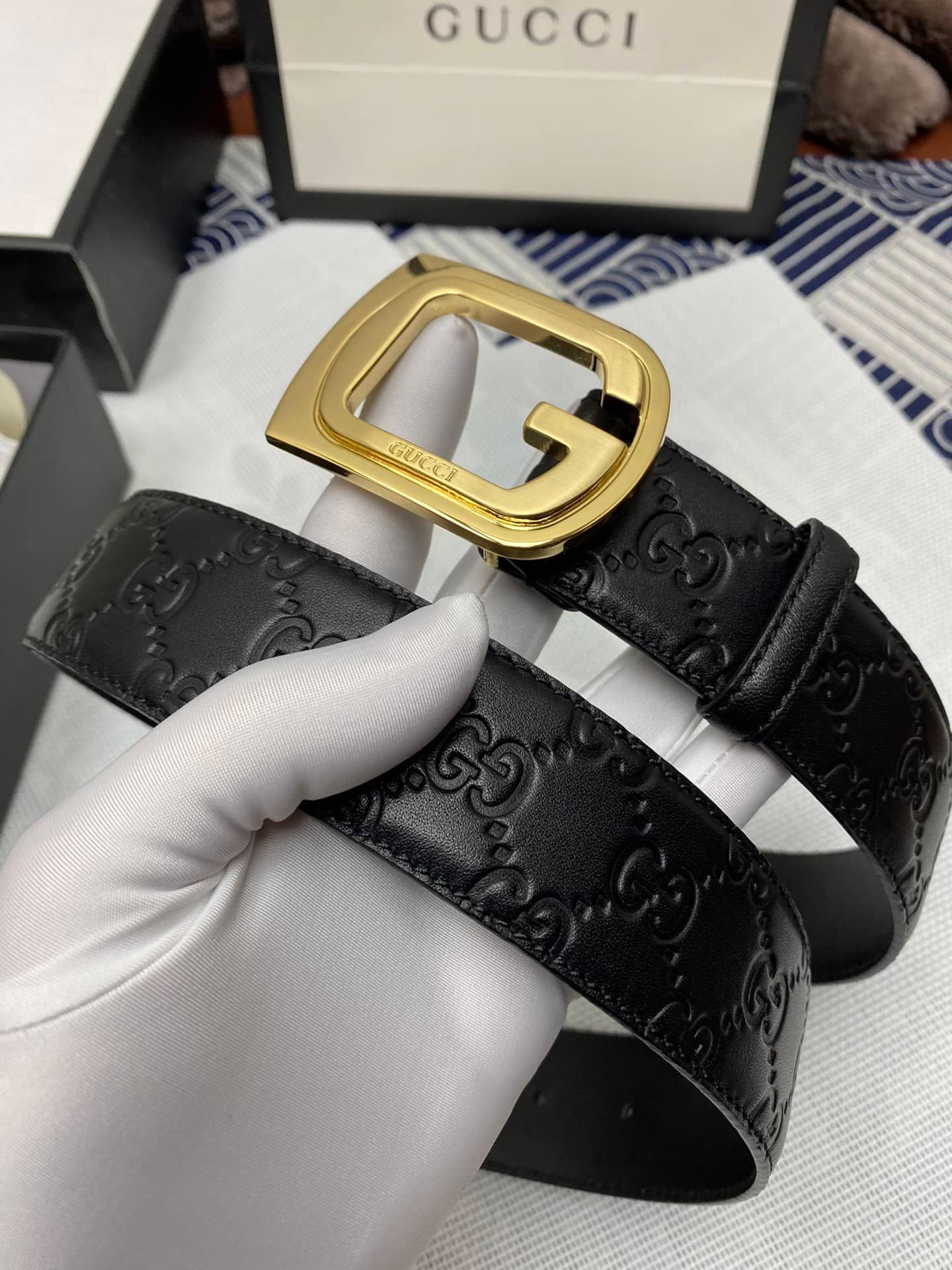 Gucci Personalized Embossed Belt With Golden Buckle