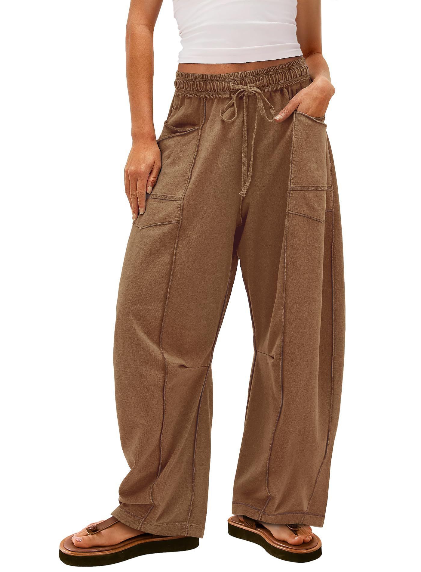 Womens Baggy Barrel Pants Wide Leg Lounge Drawstring Sweatpants with Pockets Brown
