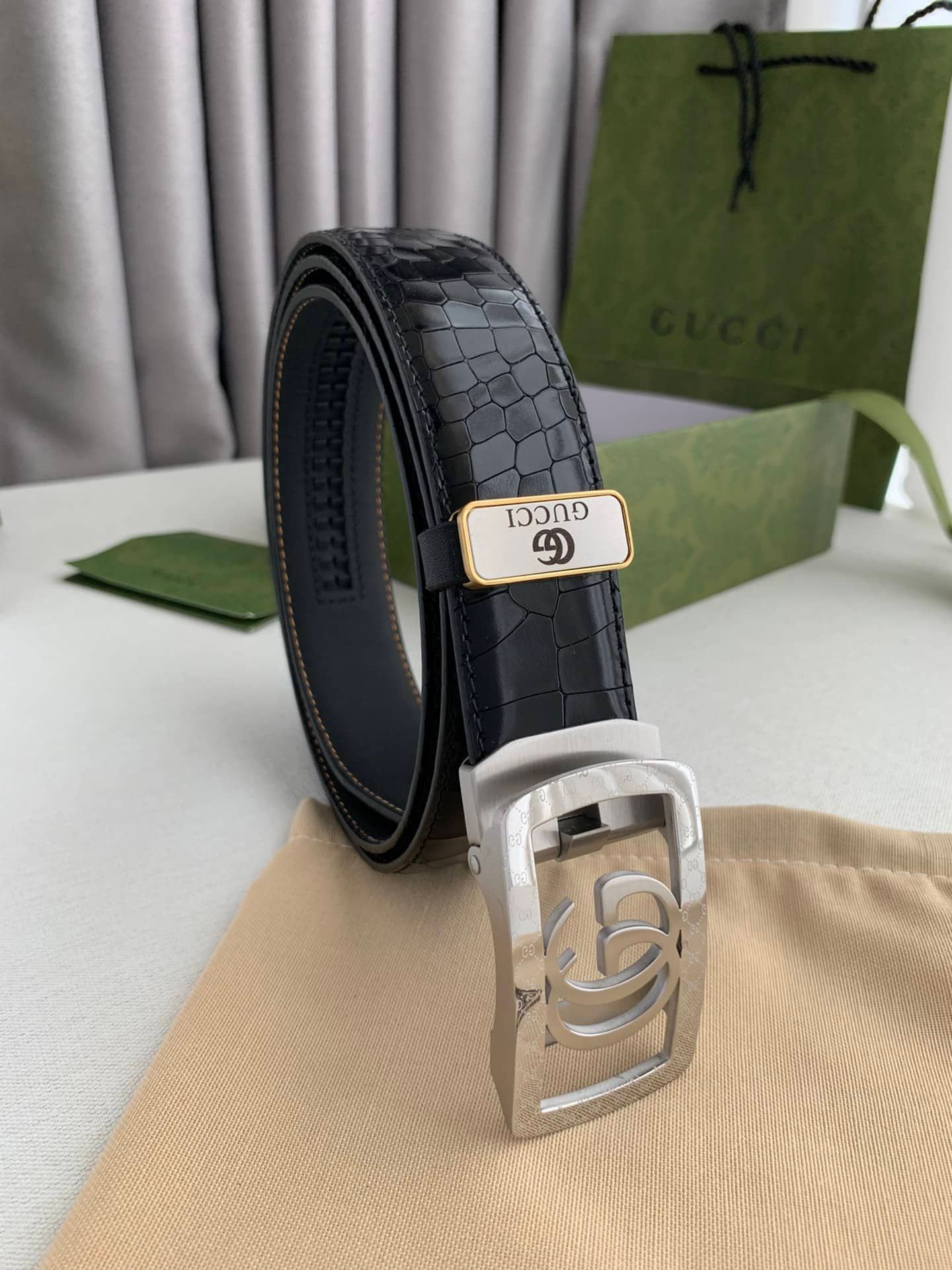 Gucci Fashion Mens Real Leather Ratchet Belt Black Adjustable Length Full Grain Soft Genuine Cowhide Strap