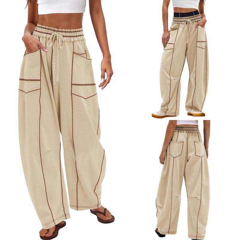 Womens Baggy Barrel Pants Wide Leg Lounge Drawstring Sweatpants with Pockets Khaki