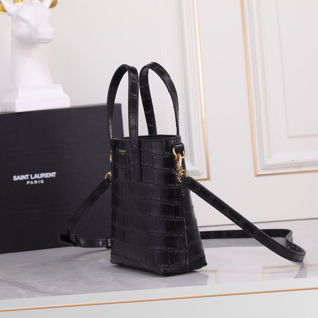 YSL Saint Laurent Mini Toy Croc-embossed Black Leather Shopping Bag for Women Tote Bags