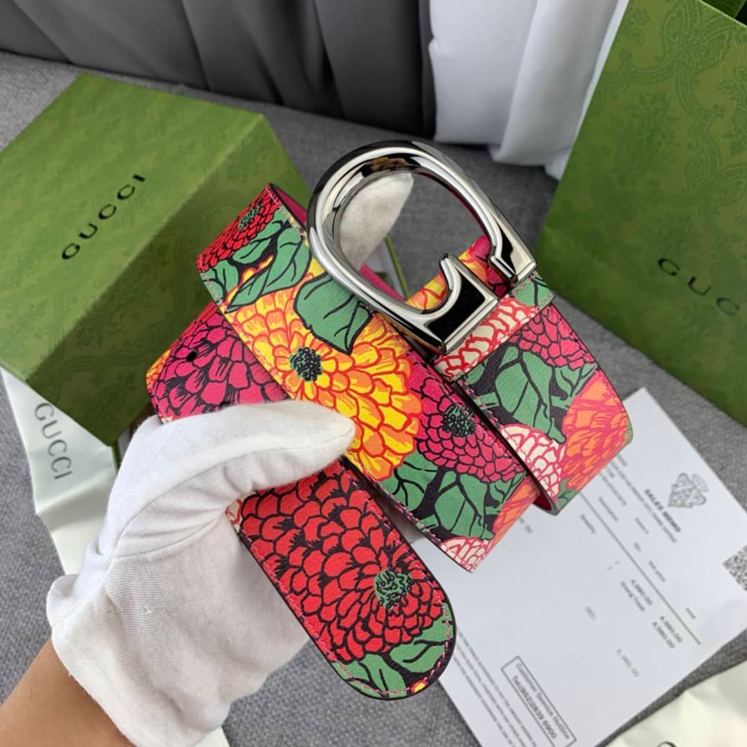 Gucci Guccissima Flower Print Leather Silver Buckle Belt
