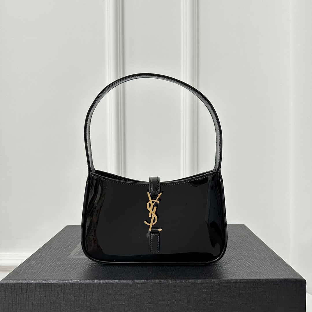 YSL Handbag Saint Laurent Le 5 A 7 Patent Hobo Bag in Black