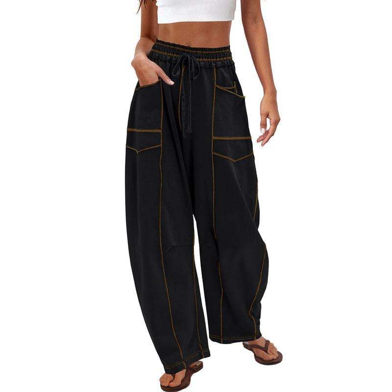 Womens Baggy Barrel Pants Wide Leg Lounge Drawstring Sweatpants with Pockets Black