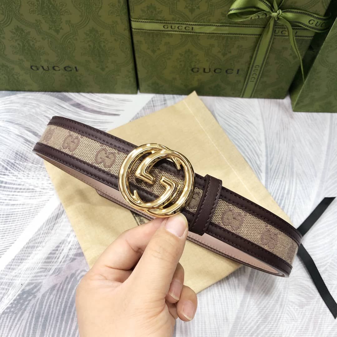 Gucci Beige Brown GG Canvas and Leather Lovely Heart Buckle Belt
