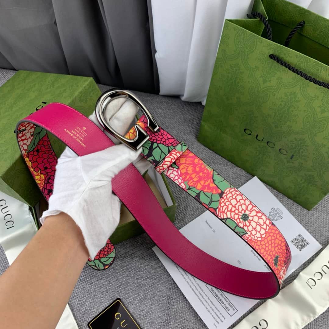 Gucci Guccissima Flower Print Leather Silver Buckle Belt