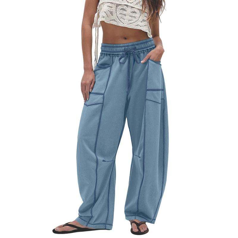 Womens Baggy Barrel Pants Wide Leg Lounge Drawstring Sweatpants with Pockets Blue