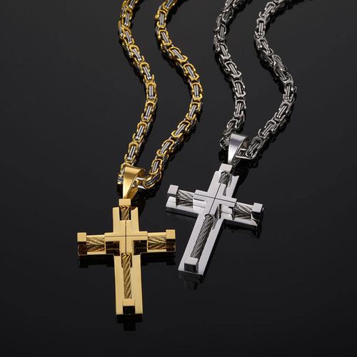 High-Quality Men's Stainless Steel Necklace - Bold Cross Pendant with Intergold Accent, Steel Cable Chain