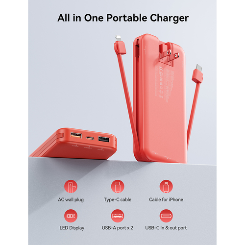 3-in-1 AC Plug Power Bank - Built-in Cables Fast Charging