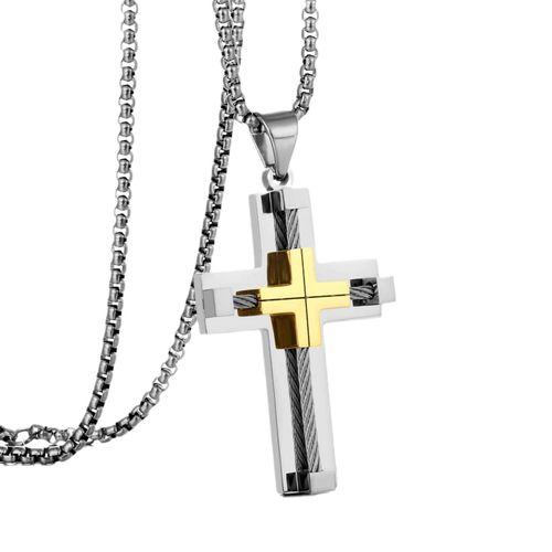 High-Quality Men's Stainless Steel Necklace - Bold Cross Pendant with Intergold Accent, Steel Cable Chain