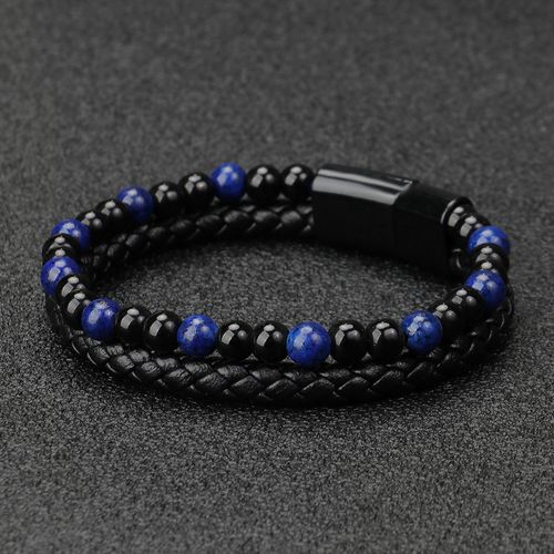 New Arrival Jewelry Black Alloy Magnetic Clasps Braided Engraveable Natural Stone Leather Wrap Bracelet for Men