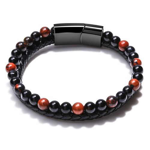New Arrival Jewelry Black Alloy Magnetic Clasps Braided Engraveable Natural Stone Leather Wrap Bracelet for Men