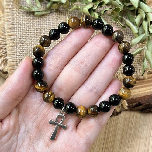 Handmade Men's Egyptian Ankh Cross Pendant, Natural Tiger's Eye Gemstone Bracelet and Silver Cross