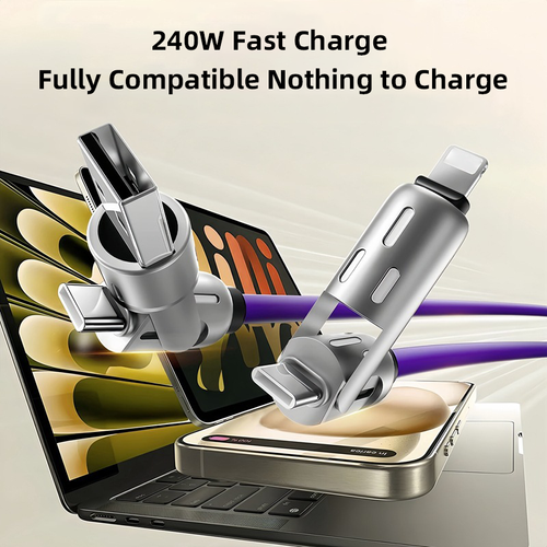 240W Super Fast LED Display USB Charger 4-in-1 Multi-Device with Rotating Elbow Type-C Mobile Phone and Printer Charger Cabl