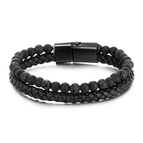 New Arrival Jewelry Black Alloy Magnetic Clasps Braided Engraveable Natural Stone Leather Wrap Bracelet for Men