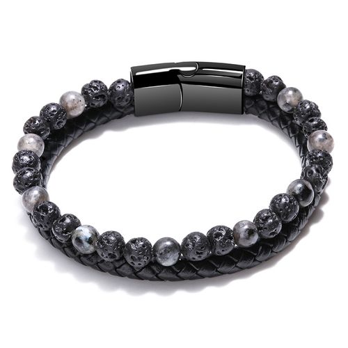 New Arrival Jewelry Black Alloy Magnetic Clasps Braided Engraveable Natural Stone Leather Wrap Bracelet for Men