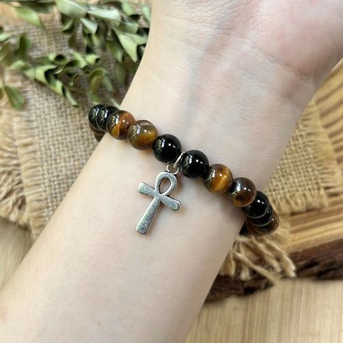 Handmade Men's Egyptian Ankh Cross Pendant, Natural Tiger's Eye Gemstone Bracelet and Silver Cross