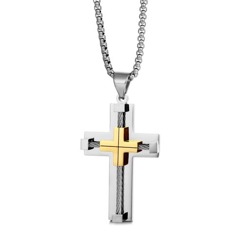 High-Quality Men's Stainless Steel Necklace - Bold Cross Pendant with Intergold Accent, Steel Cable Chain