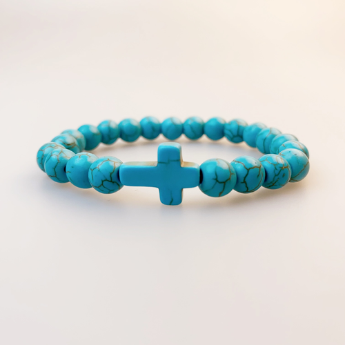 8MM Semi-precious Stretch Stone String Jewelry Turquoise Beaded Christian Bracelet Men with Cross Bracelet