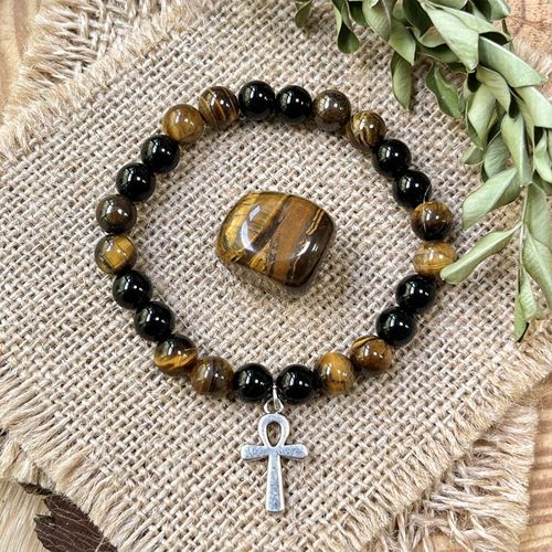 Handmade Men's Egyptian Ankh Cross Pendant, Natural Tiger's Eye Gemstone Bracelet and Silver Cross
