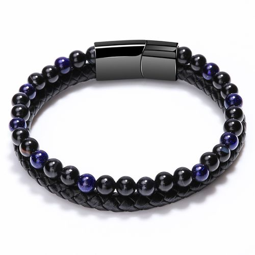 New Arrival Jewelry Black Alloy Magnetic Clasps Braided Engraveable Natural Stone Leather Wrap Bracelet for Men
