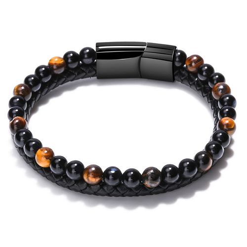 New Arrival Jewelry Black Alloy Magnetic Clasps Braided Engraveable Natural Stone Leather Wrap Bracelet for Men