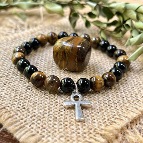 Handmade Men's Egyptian Ankh Cross Pendant, Natural Tiger's Eye Gemstone Bracelet and Silver Cross