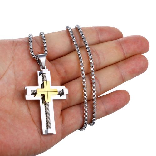 High-Quality Men's Stainless Steel Necklace - Bold Cross Pendant with Intergold Accent, Steel Cable Chain