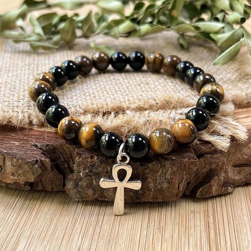 Handmade Men's Egyptian Ankh Cross Pendant, Natural Tiger's Eye Gemstone Bracelet and Silver Cross