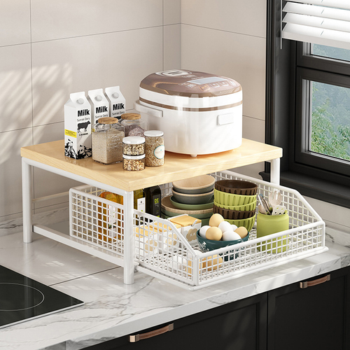 Countertop Storage Shelf with Pull-out Wire Basket