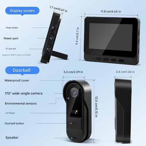 Wireless doorbell with camera and video screen, intercom camera doorbell