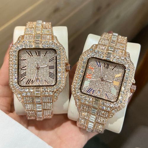 Men's Luxury Diamond Watch Hip Hop Style Beaded Ice Town Watch Fashion Square Stainless Steel Waterproof Clock and Watch