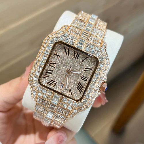 Men's Luxury Diamond Watch Hip Hop Style Beaded Ice Town Watch Fashion Square Stainless Steel Waterproof Clock and Watch