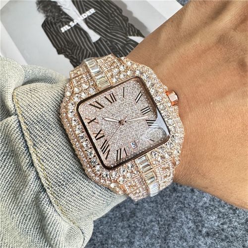 Men's Luxury Diamond Watch Hip Hop Style Beaded Ice Town Watch Fashion Square Stainless Steel Waterproof Clock and Watch