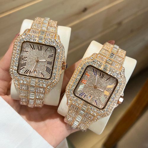 Men's Luxury Diamond Watch Hip Hop Style Beaded Ice Town Watch Fashion Square Stainless Steel Waterproof Clock and Watch